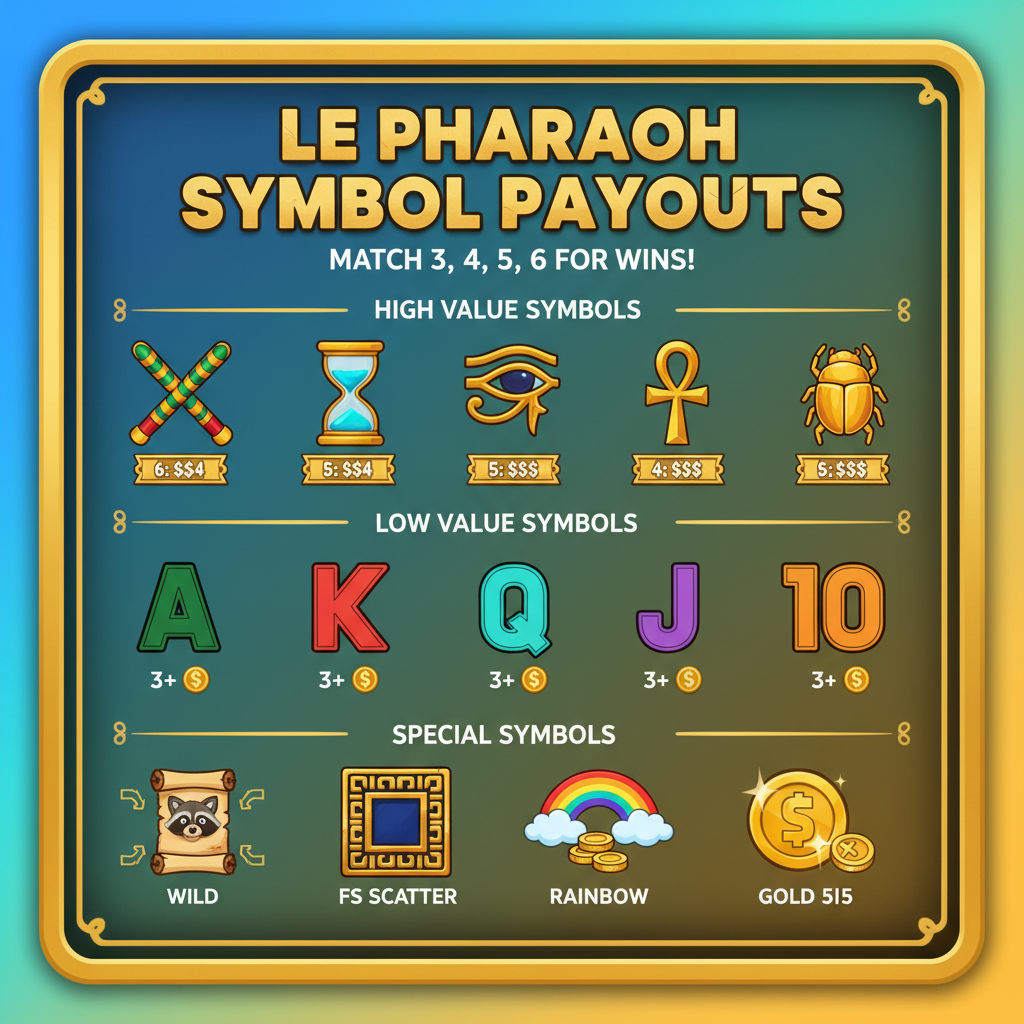 Le Pharaoh Auszahlungstabelle — alle Symbole und Multiplikatoren